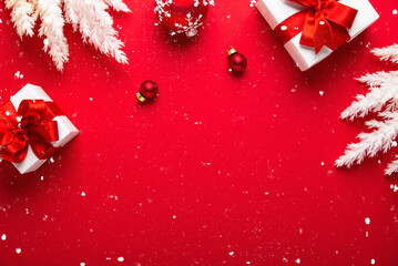 Merry Christmas and Happy Holidays greeting card, frame, banner. New Year. White, red Christmas...