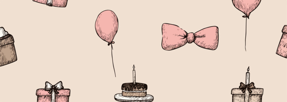 Pattern vettoriale disegnato a mano con torte, palloncini e fiocchi rosa per feste di compleanno.