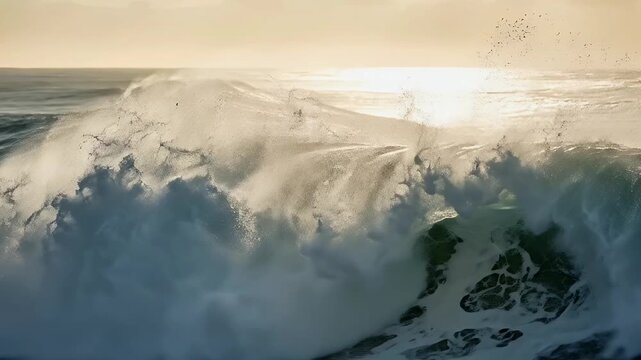 Witness the raw power and majestic beauty of the ocean as a colossal wave dramatically crashes and churns. The vibrant blue-green water transforms into a cascade of white foam and sparkling spray, bac