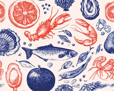Pattern vettoriale disegnato a mano con frutti di mare freschi, crostacei, pesce, agrumi e ostriche.