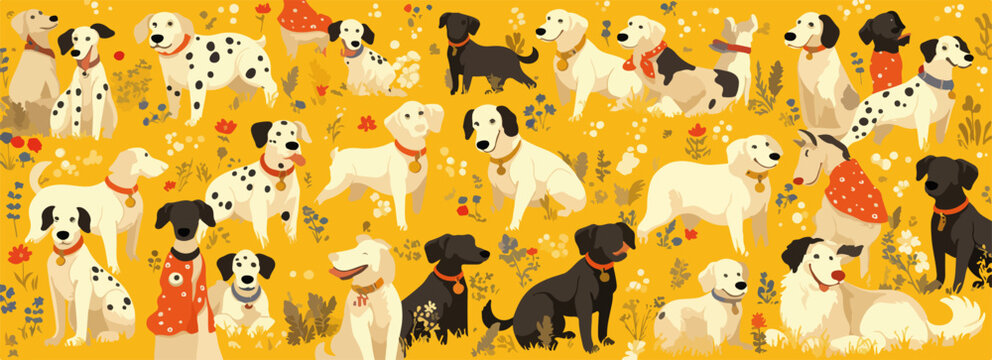Allegra illustrazione vettoriale di un gruppo eterogeneo di cani felici con sfondo giallo ocra