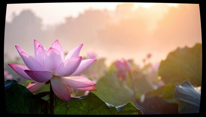 A close-up shot of a vibrant pink lotus flower in full bloom, set against a misty, sun-drenched background of a pond filled with lily pads.
