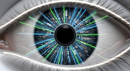 Futuristic eye with integrated circuit board and bright laser beams offers a glimpse into advanced technology and the future of human enhancement