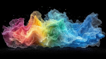 A vibrant, abstract cloud or smoke formation displaying a spectrum of colors from pink and orange to yellow, green, and blue, set against a dark background with