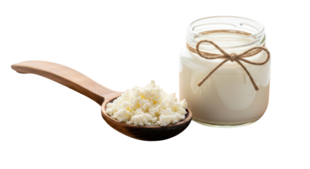 Kefir grains in a wooden spoon and a jar of kefir transparent background cutout png
