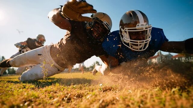Two American football players diving on grass field, cinematic sports action moment full of energy, competition and adrenaline - Powered by Adobe