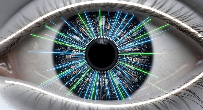 Futuristic eye with integrated circuit board and bright laser beams offers a glimpse into advanced technology and the future of human enhancement