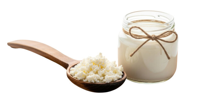 Kefir grains in a wooden spoon and a jar of kefir transparent background cutout png