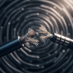 Close-up of two cut electrical cables with exposed copper wires against a coiled wire background, illustrating electrical wiring and connectivity concepts