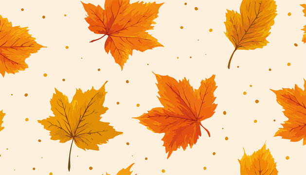 Sfondo autunnale con foglie di acero dipinte ad acquerello e pois dorati, pattern senza cuciture.
