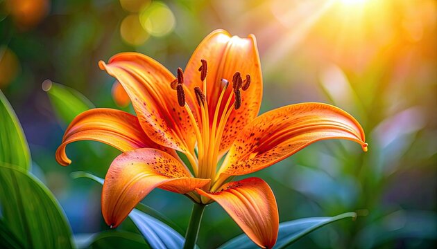 A detailed view of a single, bright orange tiger lily in full bloom, showcasing its intricate petals and stamens against a soft, blurred background of green fol