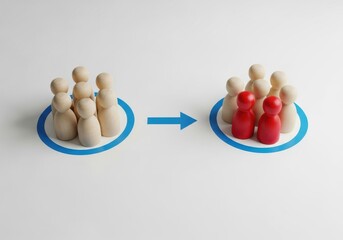 Influence marketing strategy with wooden figures and blue arrow circle