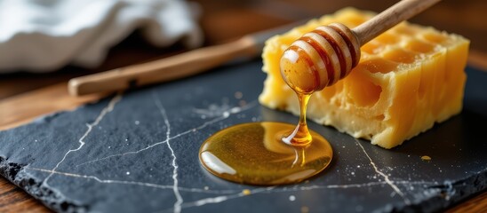 Delicious honey dripping from a wooden dipper onto a black slate surface.