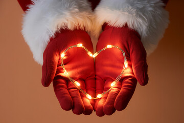 Santa claus hands holding a heart shape made of glowing christmas lights