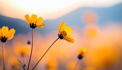 Delicate yellow wildflowers with thin stems are in focus against a soft, blurred background of warm golden light and distant hills.