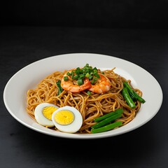 a serving of Mee Siam, showcasing the thin rice vermicelli noodles coated in the distinctive sweet, sour, and slightly spicy gravy. Garnishes like chives and hard-boiled egg wedges are visible
