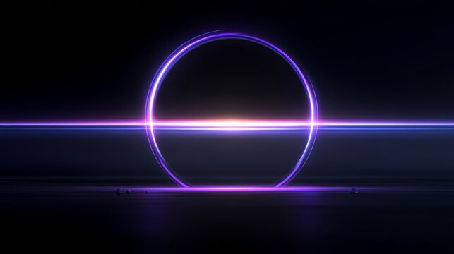 A dark, futuristic night scene featuring a vibrant, glowing neon pink ring hovering over still water, creating a perfect reflection, suggesting high-tech, abstract concepts, or a portal. - Powered by Adobe