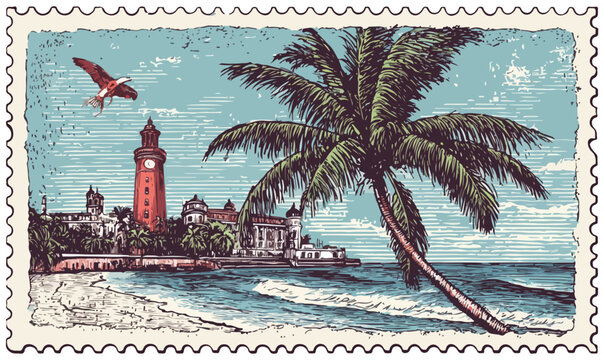 Un timbro postale vintage raffigurante una spiaggia tropicale con palma, torre e mare.