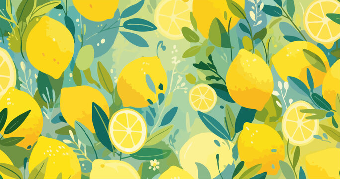 Sfondo vibrante con limoni gialli e foglie verdi, illustrazione vettoriale in stile piatto.