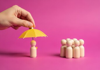 Insurance protection concept hand holding umbrella over wooden figures