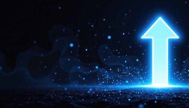 Bright Blue Arrow Rising in a Dark Background with Particles and Light Effects Creating a Dynamic Visual Impact
