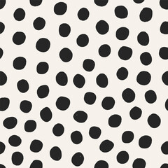 Polka dot pattern. Abstract black and white background with scattered spots, blobs in chaos, messy circles. Modern seamless texture, repeating print for textile design. Flat vector illustration