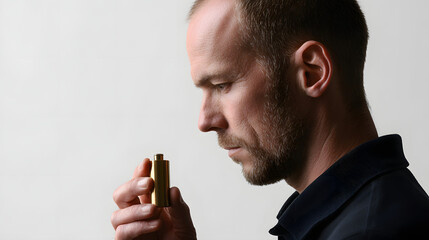a man's close-up profile view, with a contemplative expression, holding a small object
