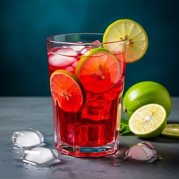  a large glass of Sirap Limau (lime cordial), showing the vibrant red color mixed with slices of fresh lime and ice cubes