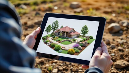 A person holds a tablet displaying a 3D house design outdoors.