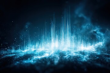 Abstract Visualization of Sonic Boom with Vertical Columns of Light in Dark Blue Tones and Sparkling Particles on Dark Background