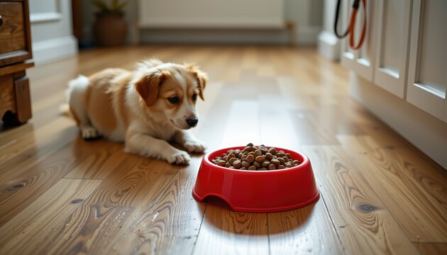A puppy eagerly watches its food bowl in a cozy kitchen setting. - Powered by Adobe