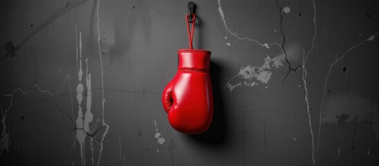 Red boxing glove hanging on a textured black wall.