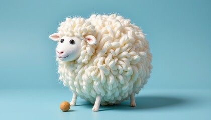 Cute and Fluffy Sheep Figurine on a Blue Background, Perfect for Children’s Decor and Creative Illustrations