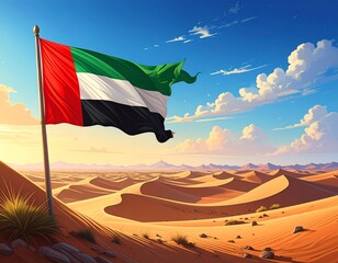 Generated image. UAE flag in the desert with blue sky background
