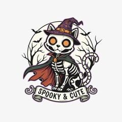 Halloween skeleton cat, spooky cute vector T-shirt design.svg
