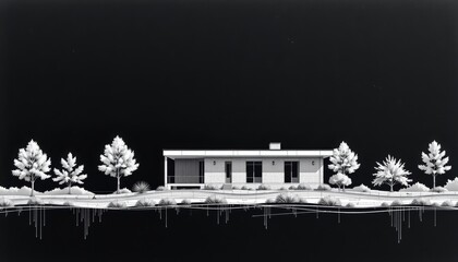 Minimalistic illustration of a house with trees against a dark background.