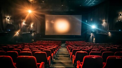 Cinematic view of modern movie theater with bright screen and red seats, concept of culture, cinema and immersive storytelling