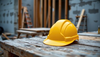 Bright Yellow Hard Hat on Weathered Wooden Table in Construction Site with Tools in Background