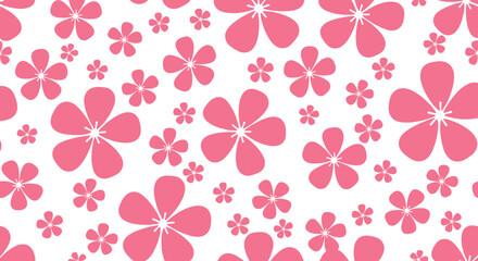 Seamless pattern featuring delicate pink flowers scattered organically across a clean white background, perfect for floral and feminine designs.