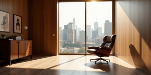 Modern office interior with city skyline view through large windows.