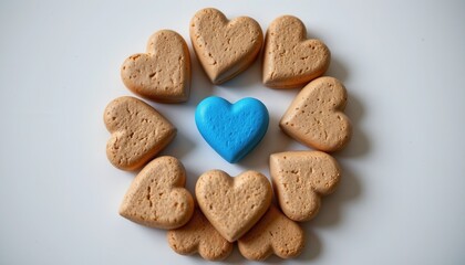 Heart-shaped Cookies Arrangement with One Blue Heart in Center on White Background