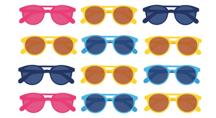 Diverse collection of various trendy sunglasses in vibrant pink yellow blue and brown frames perfect for summer fashion and accessories.