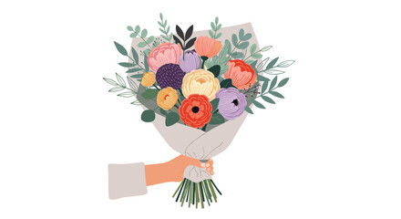 A hand gently holding a beautiful and lush bouquet of diverse colorful flowers and green foliage, symbolizing love and celebration.