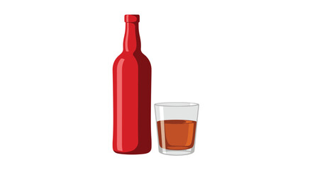 Bold illustration of a red alcohol bottle placed next to a glass filled with brown liquor, suggesting spirits and beverage.