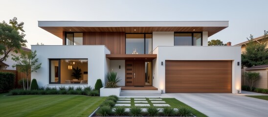 Modern house with wooden elements and landscaped yard in a serene setting.