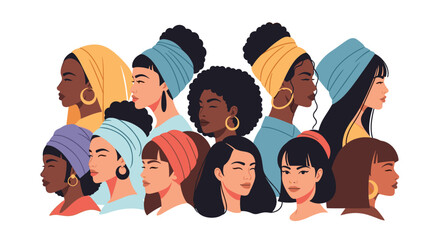 Diverse group of women with varying skin tones and hairstyles, some wearing elegant head wraps, symbolizing unity and multiculturalism.
