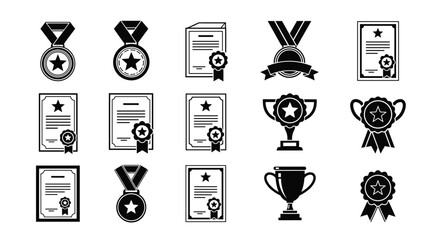 A comprehensive collection of black and white silhouette award icons featuring medals certificates ribbons and trophies.