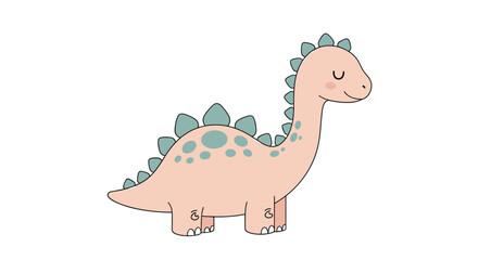 A charming cartoon illustration of a cute and friendly Stegosaurus dinosaur with a pink body and blue-green plates.