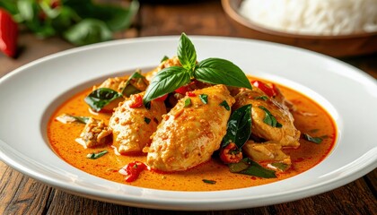 A close-up shot of a flavorful chicken curry dish, garnished with fresh basil and red chili peppers, presented on a white plate with a side of rice.