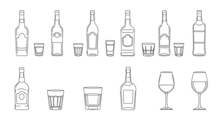 An extensive collection of line art illustrations showcasing various alcohol bottles and different types of drinking glasses.